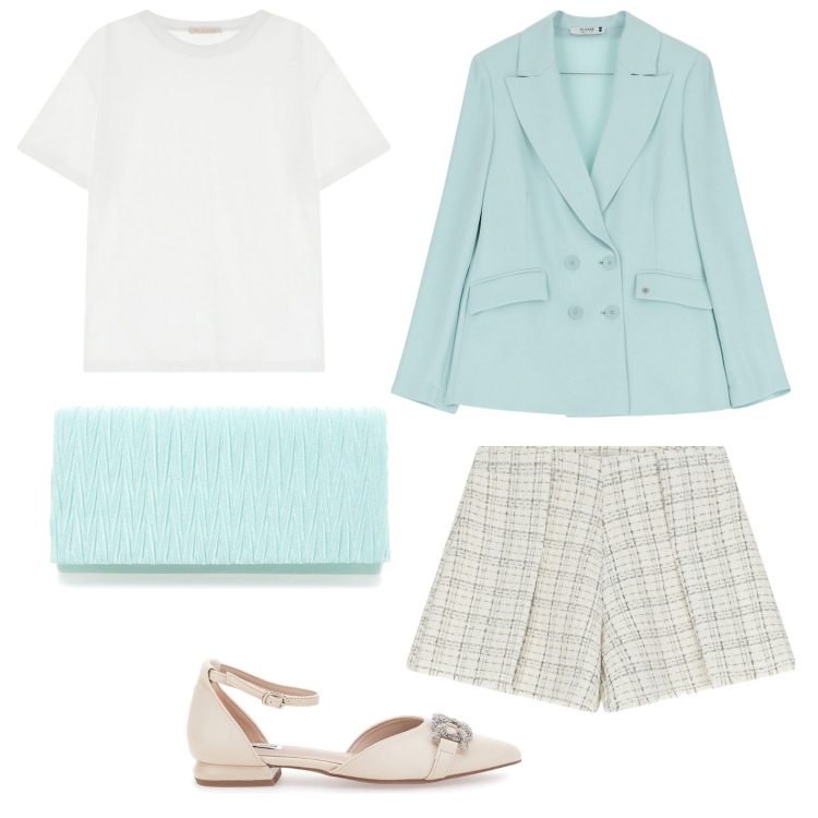Outfit donna - Gambe in vista. Stile Minimal per Serata fuori. Abbinamento con blazer, shorts, t-shirt, ballerine, pochette.
