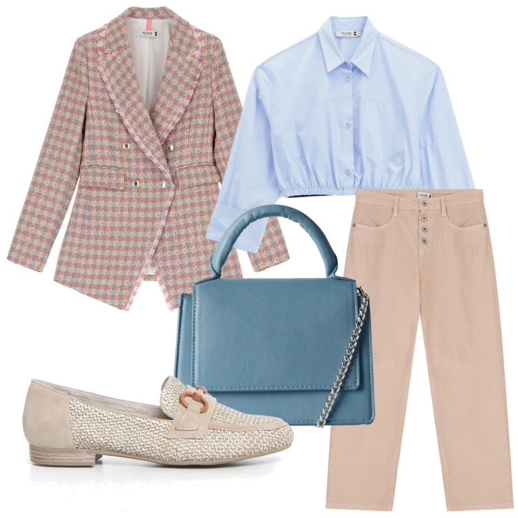 Outfit donna - Ufficio glamour. Stile Casual chic per Ufficio. Abbinamento con borse a tracolla, blazer, camicie, pantaloni, mocassini.