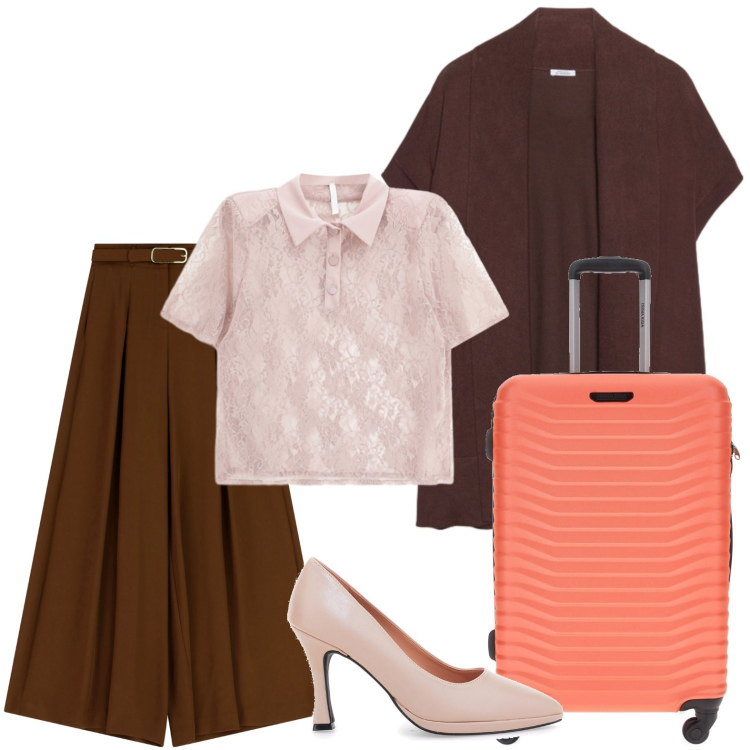 Outfit donna - Il cardigan castagna. Stile Casual per Tutti i giorni. Abbinamento con polo, pantaloni, cardigans, décolleté, valigie.
