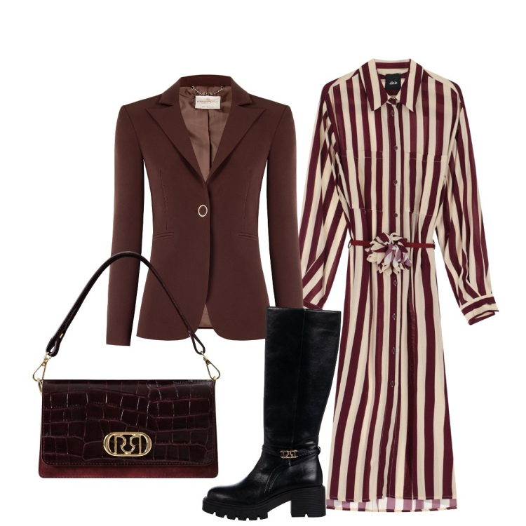 Outfit donna - Rinascimento per l’appuntamento. Stile Chic per Tutti i giorni. Abbinamento con blazer, stivali sopra il ginocchio, borse a mano, vestiti midi/longuette.