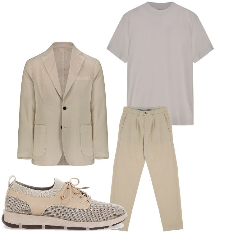 Outfit uomo - Beige. Stile Business/Elegante per Serata speciale. Abbinamento con pantaloni chino, t-shirt, giacche, scarpe stringate.