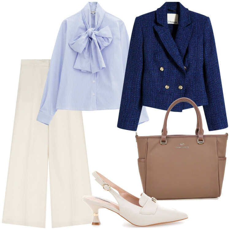 Outfit donna - Total look #2242663. Stile Chic per Ufficio. Abbinamento con blazer, camicie, pantaloni, décolleté, borse a tracolla.