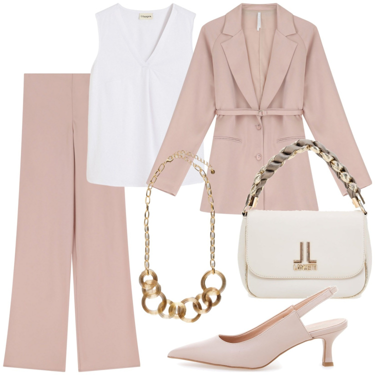Outfit donna - Total look #2242671. Stile Chic per Ufficio. Abbinamento con top, blazer, pantaloni, décolleté, borse a tracolla, collane.
