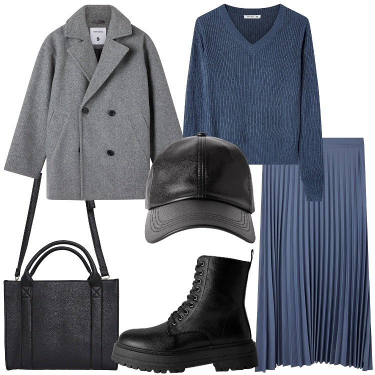 Outfit donna - Terranova - Back to reality. Stile Trendy per Tutti i giorni. Abbinamento con gonne lunghe, caban, maglieria, anfibi, cappelli con visiera, borse tote.