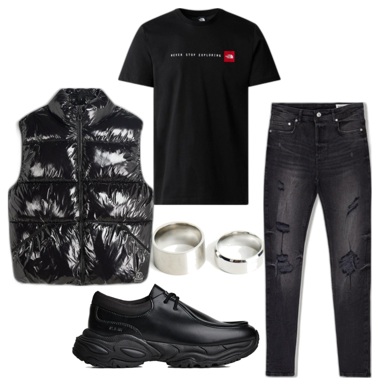 Outfit hombre - Total black. Estilo Casual para Todos los días. Combinación con vaqueros rotos, chalecos, anillos, camiseta, sneakers.