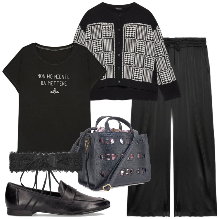 Outfit donna - Nero a settembre. Stile Casual chic per Tutti i giorni. Abbinamento con cinture, pantaloni, borse a mano, cardigans, t-shirt, mocassini.