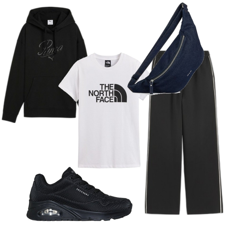 Outfit mujer - Deportes. Estilo Casual para Deporte. Combinación con pantalones, riñoneras, camiseta, sudaderas con capucha, sneakers.