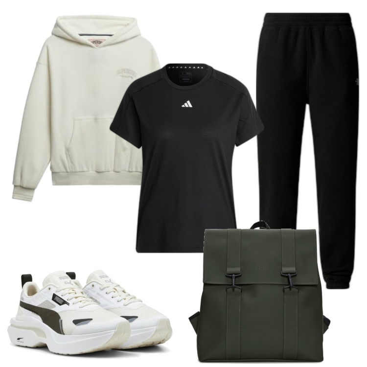 Outfit mujer - Deportes. Estilo Casual para Deporte. Combinación con mochilas, sneakers, camiseta, pantalones, sudaderas con capucha.