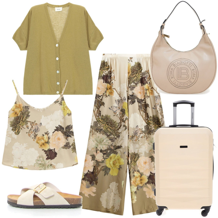 Outfit donna - In ferie a settembre. Stile Romantica per Tutti i giorni. Abbinamento con pantaloni a palazzo, top, cardigans, valigie, borse a spalla, ciabatte.