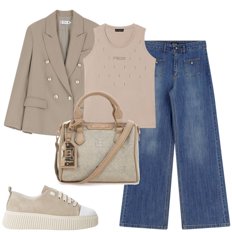 Outfit donna - City. Stile Casual chic per Tutti i giorni. Abbinamento con blazer, sneakers, canottiere, jeans, borse a tracolla.
