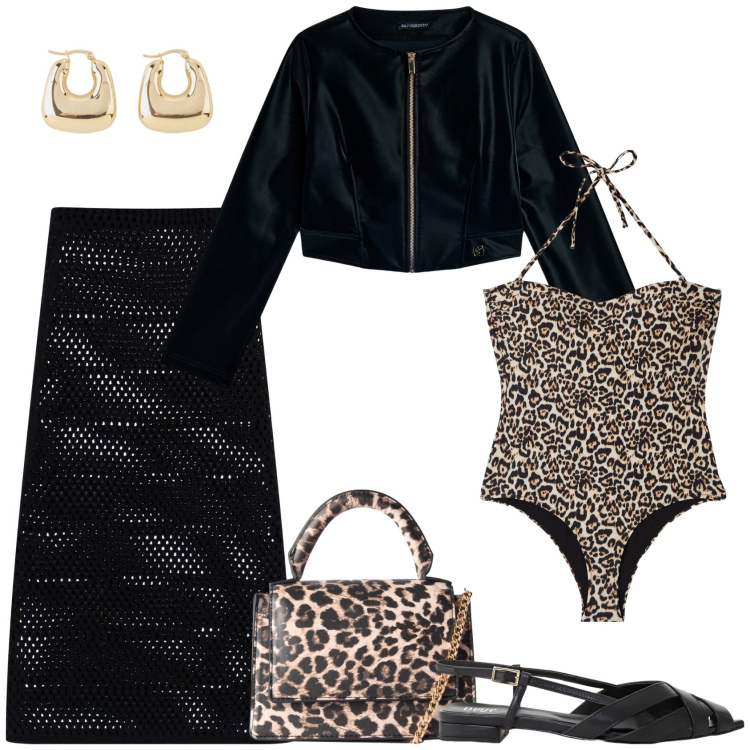 Outfit donna - Settembre in vacanza!. Stile Trendy per Mare. Abbinamento con orecchini, costumi interi, borse a tracolla, blazer, sandali, gonne lunghe.