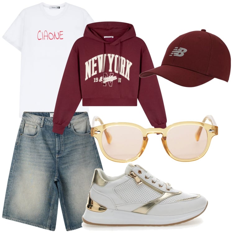 Outfit donna - Ultime cartucce. Stile Sporty chic per Tutti i giorni. Abbinamento con bermuda, felpe con cappuccio, cappelli con visiera, t-shirt, occhiali da sole, sneakers.