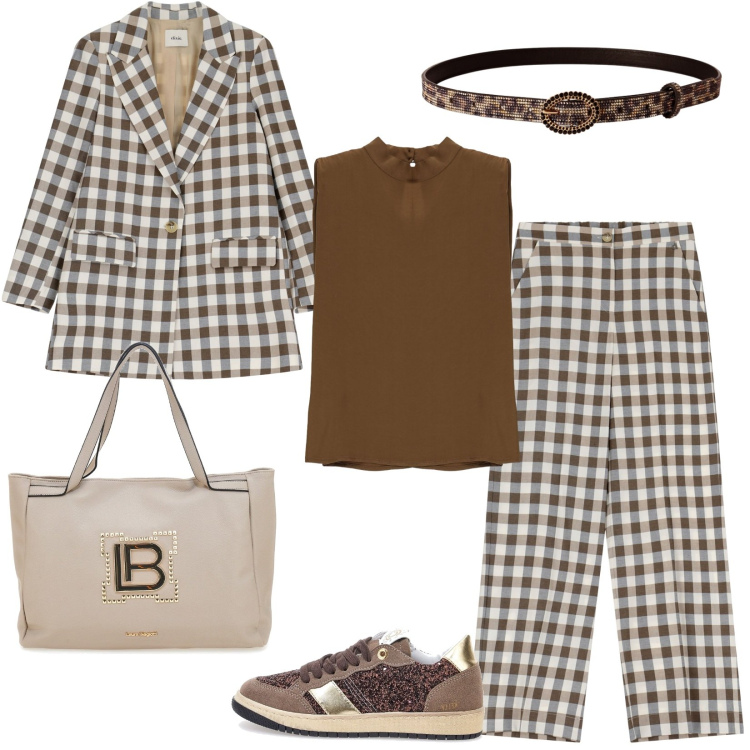 Outfit donna - Blazer season. Stile Casual per Tutti i giorni. Abbinamento con cinture, blazer, pantaloni, top, sneakers, borse a spalla.