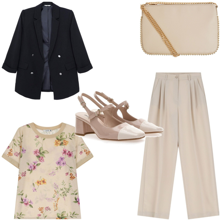 Outfit donna - Autumn workwear. Stile Chic per Ufficio. Abbinamento con borse a tracolla, blazer, t-shirt, pantaloni, décolleté.