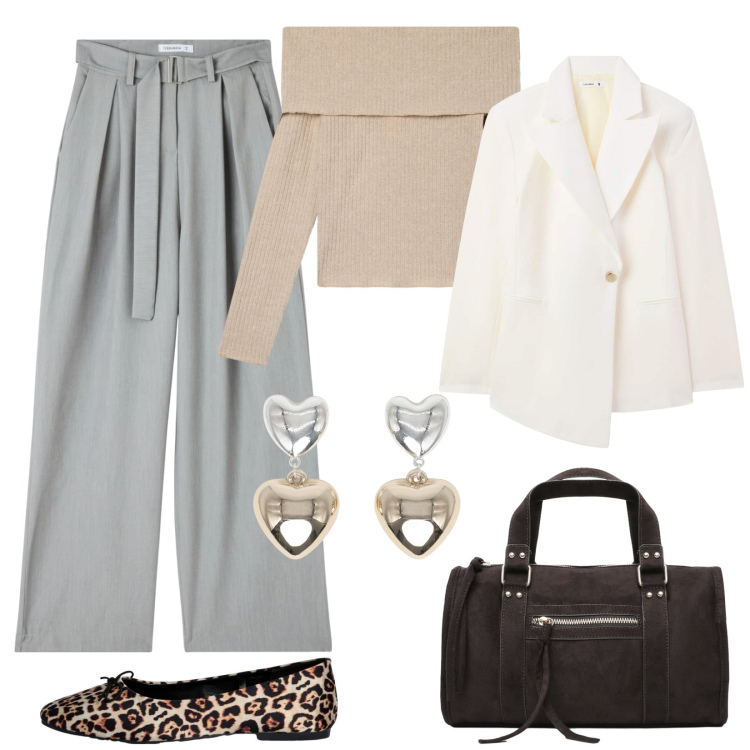 Outfit donna - Raffinata. Stile Casual chic per Tutti i giorni. Abbinamento con pantaloni, blazer, maglieria, orecchini, ballerine, borse a mano.
