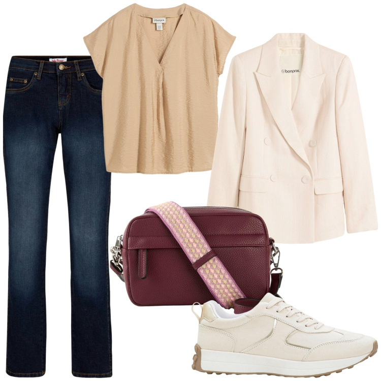 Outfit donna - Total look #2242701. Stile Casual chic per Tutti i giorni. Abbinamento con jeans dritti, blazer, tuniche, borse a tracolla, sneakers.
