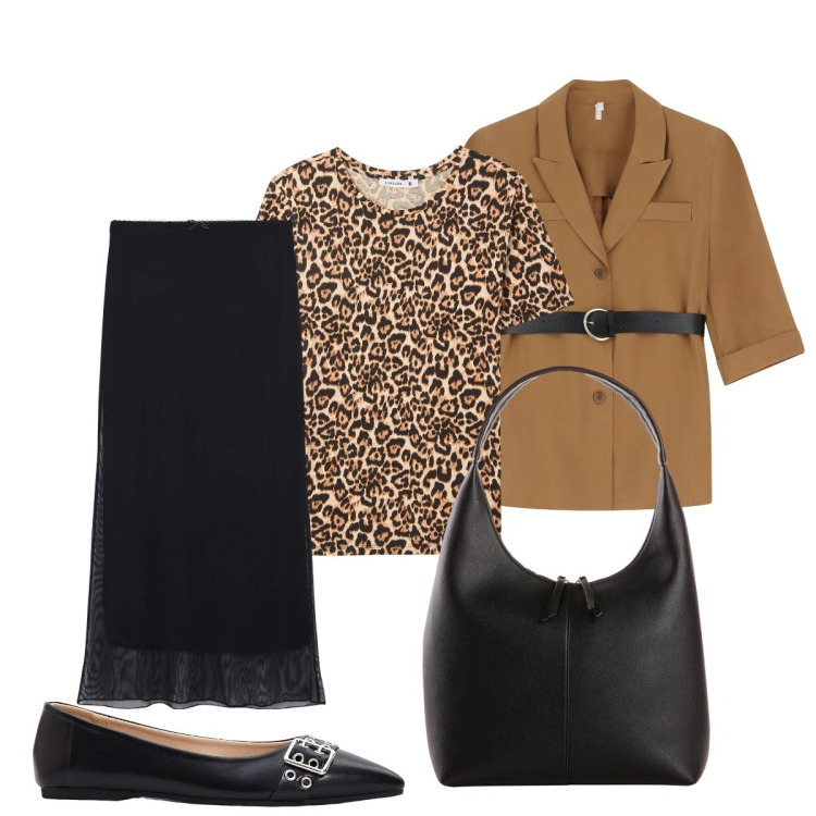 Outfit donna - In ufficio. Stile Minimal per Ufficio. Abbinamento con shopping bag, ballerine, gonne lunghe, t-shirt, blazer.