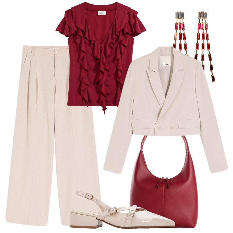 Outfit donna - Il blazer corto per la sera. Stile Chic per Serata fuori. Abbinamento con bluse, pantaloni, shopping bag, blazer, orecchini, décolleté.