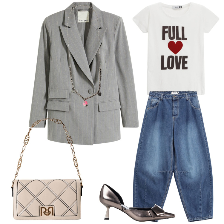 Outfit donna - Blazer grigio. Stile Casual chic per Tutti i giorni. Abbinamento con blazer, décolleté, borse a tracolla, jeans, t-shirt, ciondoli.