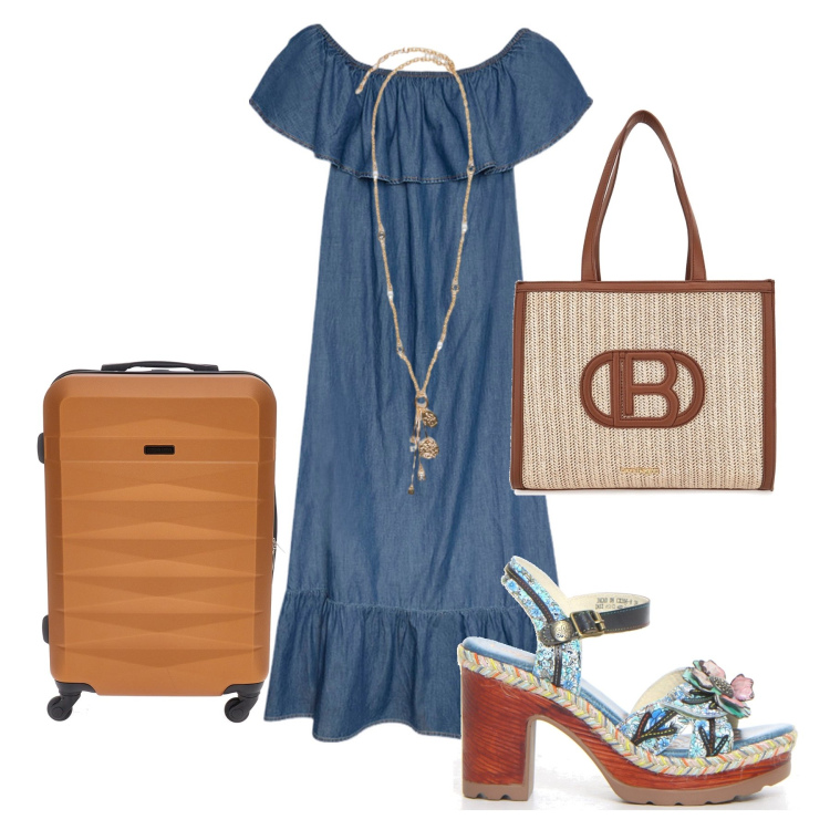 Outfit donna - Al mareeee!!. Stile Glamour per Mare. Abbinamento con borse a spalla, vestiti lunghi, ciondoli, valigie, sandali col tacco.