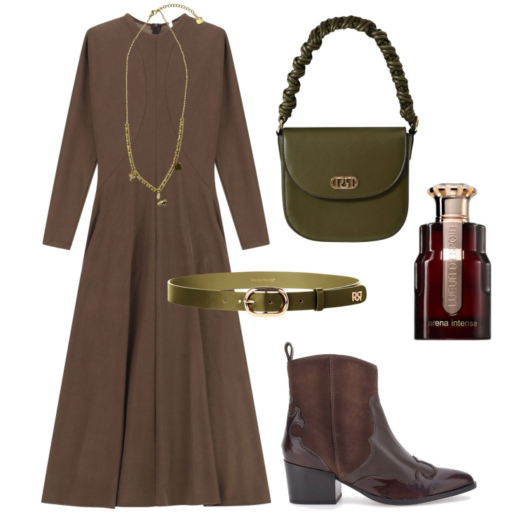 Outfit donna - Outfit autunno in città. Stile Casual chic per Tutti i giorni. Abbinamento con profumi, cinture, borse a mano, vestiti lunghi, ciondoli, stivaletti texani.