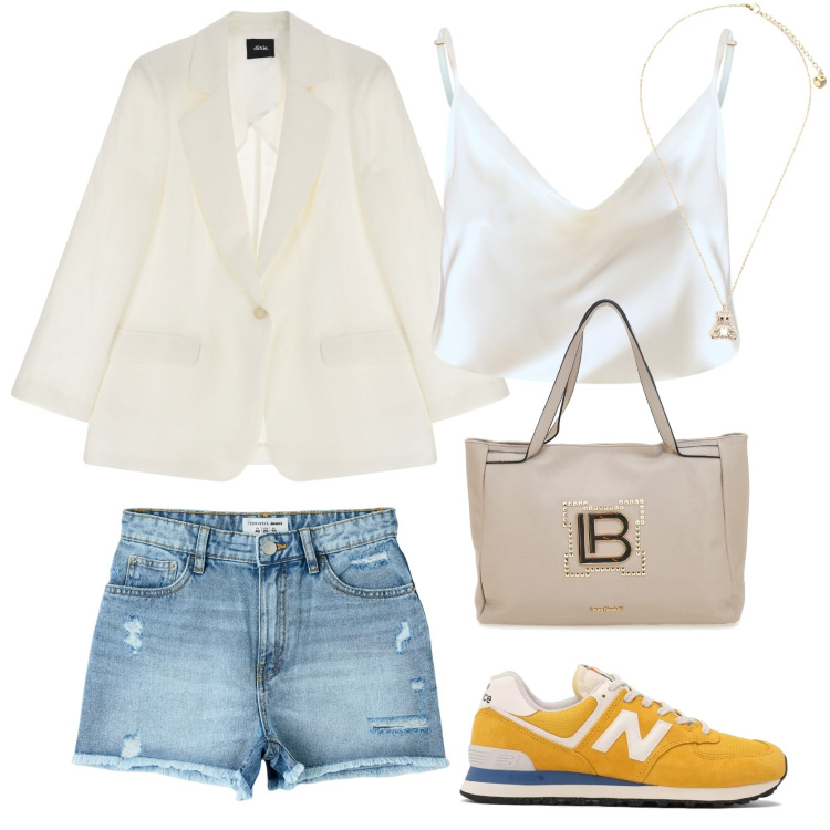 Outfit donna - Blazer bianco. Stile Casual chic per Tutti i giorni. Abbinamento con shorts, sneakers, canottiere, ciondoli, blazer, borse a spalla.