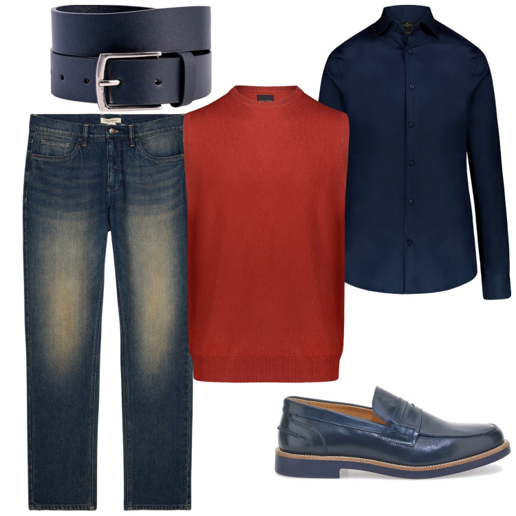Outfit uomo - Il gilet rosso. Stile Casual per Tutti i giorni. Abbinamento con jeans dritti, gilet, camicie, scarpe stringate, cinture.