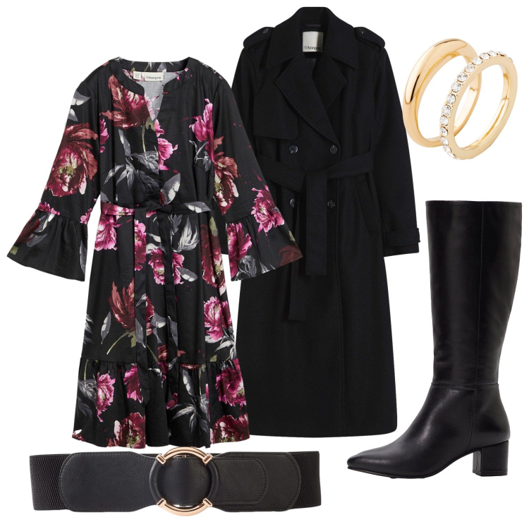 Outfit donna - Serata. Stile Chic per Serata fuori. Abbinamento con cinture, stivali, vestiti chemisier, trench, anelli.