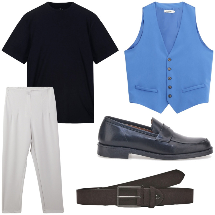 Outfit uomo - Sunday league. Stile Trendy per Tutti i giorni. Abbinamento con pantaloni chino, cinture, gilet, t-shirt, scarpe stringate.
