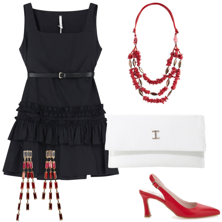 Outfit donna - Total look #2242732. Stile Chic per Serata fuori. Abbinamento con orecchini, borse a tracolla, vestiti corti, décolleté, collane.