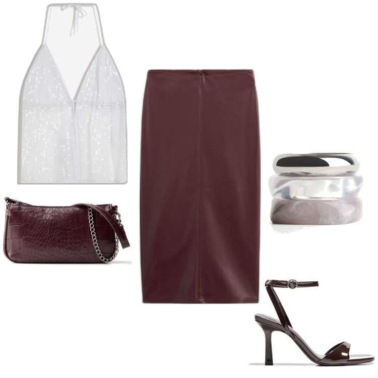 Outfit mujer - Sexy #903. Estilo Sexy para Noche/Fiesta elegante. Combinación con bolsos de mano, pulseras, sandalias de tacón, top, faldas largas.