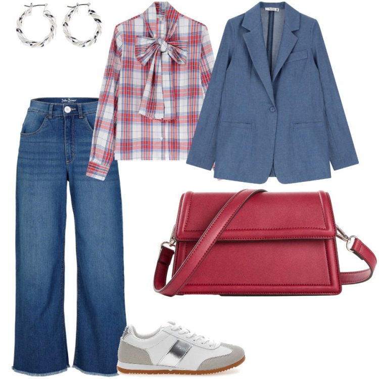 Outfit donna - Il tartan. Stile Casual chic per Ufficio. Abbinamento con jeans, orecchini, borse a tracolla, camicie, blazer, sneakers.