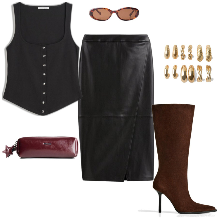 Outfit mujer - Sexy #904. Estilo Sexy para Noche/Fiesta elegante. Combinación con faldas largas, top, gafas de sol, pendientes, maletas, botas.