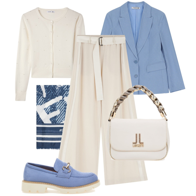 Outfit donna - Blazer over must have. Stile Trendy per Tutti i giorni. Abbinamento con cardigans, blazer, pantaloni, borse a tracolla, mocassini, foulard.