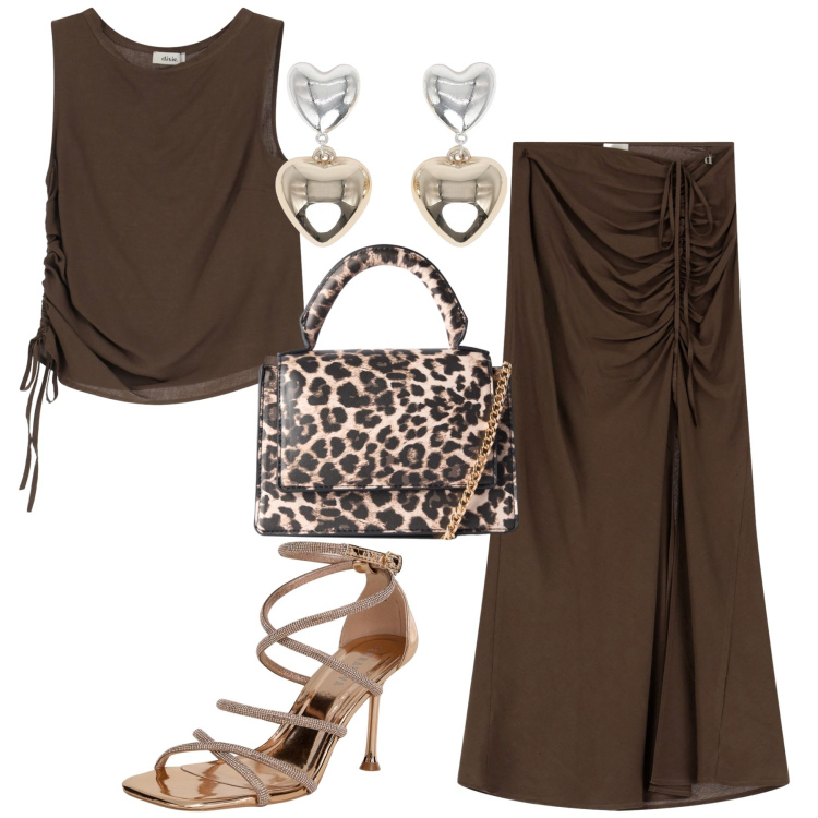 Outfit donna - Serata. Stile Glamour per Serata fuori. Abbinamento con sandali col tacco, orecchini, borse a tracolla, gonne lunghe, top.