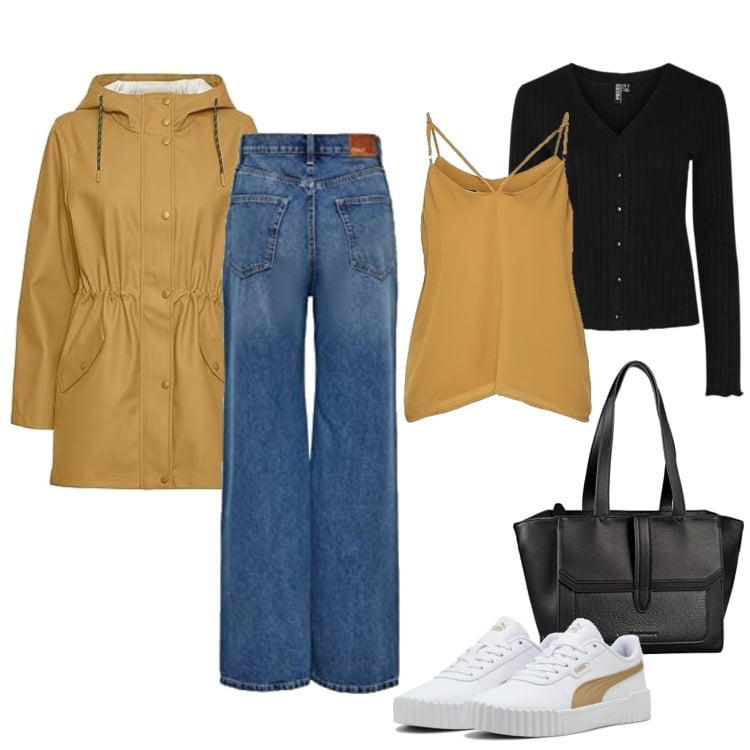 Outfit femme - Septembre Moutarde. Style Basique pour Tous les jours. Assortir avec jeans, blazers, sneakers, débardeurs à bretelles, gilets, sac cabas.