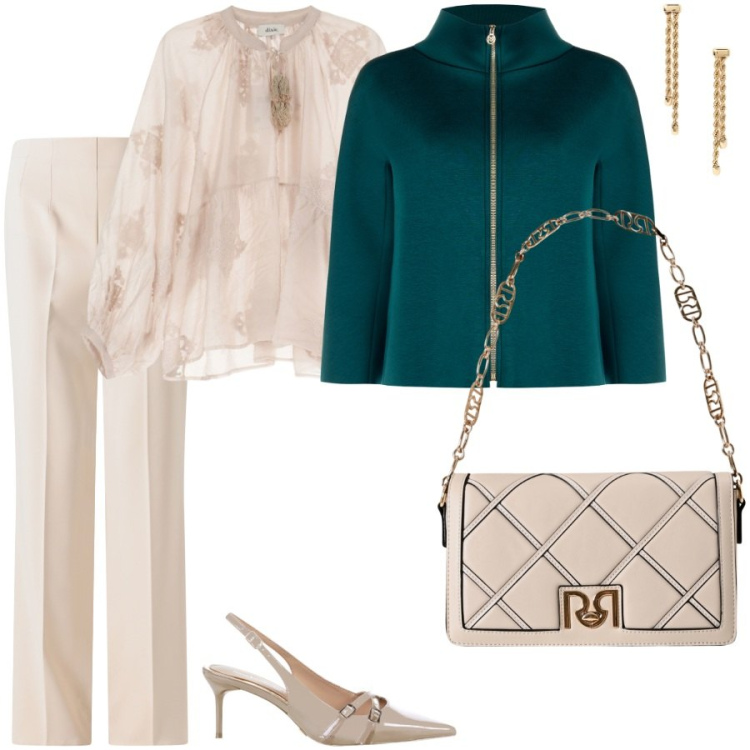 Outfit donna - Raffinatezza in beige e verde. Stile Chic per Serata fuori. Abbinamento con cappe, pantaloni a palazzo, borse a tracolla, décolleté, camicie, orecchini.