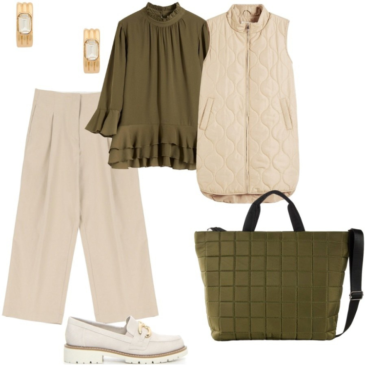 Outfit donna - Blusa verde oliva. Stile Casual chic per Ufficio. Abbinamento con shopping bag, piumini, bluse, pantaloni a palazzo, orecchini, mocassini.