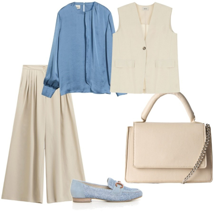 Outfit donna - Combo colore trend. Stile Casual chic per Ufficio. Abbinamento con bluse, borse a tracolla, pantaloni a palazzo, gilet, mocassini.