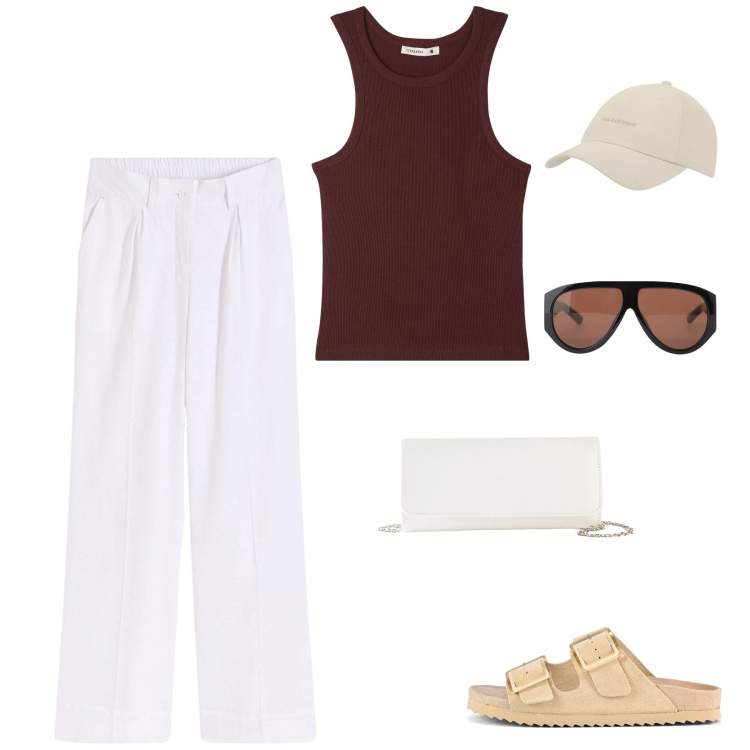 Outfit donna - Total look #2242764. Stile Casual per Tutti i giorni. look ideale per Tall. Abbinamento con pochette, pantaloni a palazzo, top, cappelli con visiera, occhiali da sole, sandali.