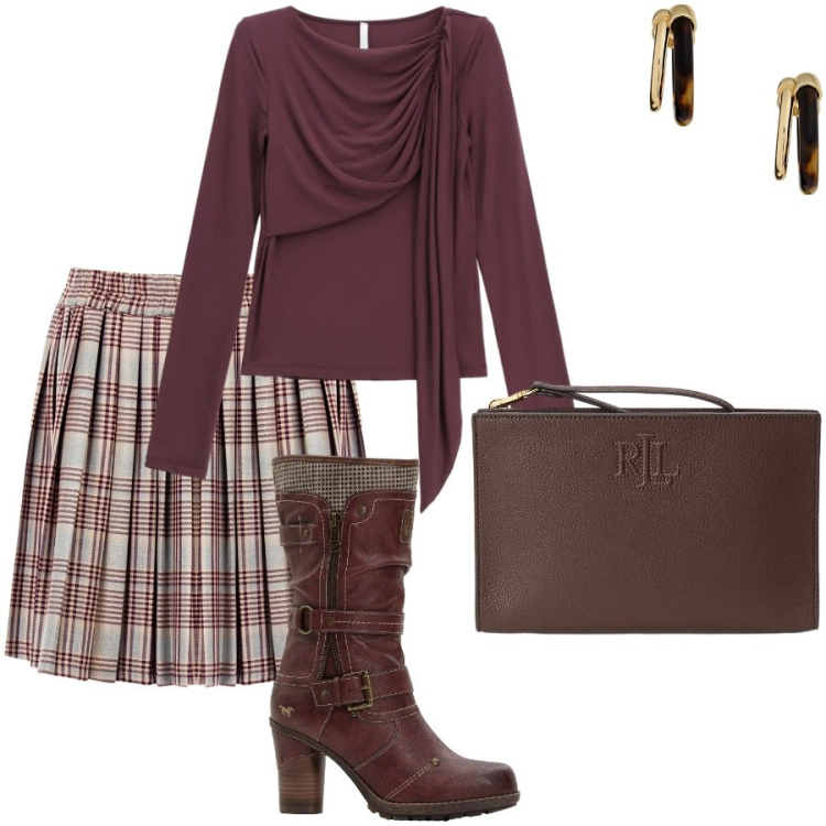 Outfit donna - La plissè in tartan. Stile Casual chic per Ufficio. Abbinamento con stivali, minigonne, bluse, orecchini, pochette.