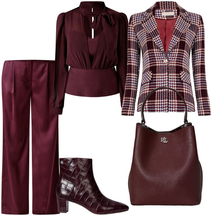 Outfit donna - Il tartan di Rinascimento. Stile Chic per Serata fuori. Abbinamento con bluse, pantaloni a palazzo, blazer, stivaletti, borse a secchiello.