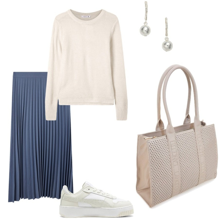 Outfit donna - Nuove tendenze. Stile Casual per Ufficio. Abbinamento con gonne lunghe, maglieria, orecchini, sneakers, borse a spalla.