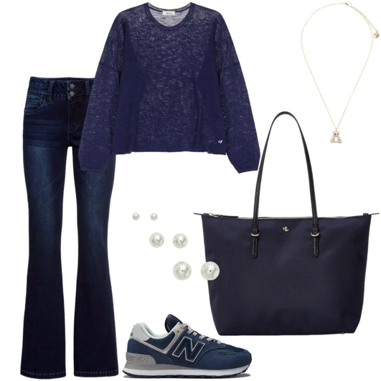Outfit donna - Total blu. Stile Casual per Tutti i giorni. Abbinamento con jeans bootcut, sneakers, ciondoli, pullovers, borse tote, orecchini.