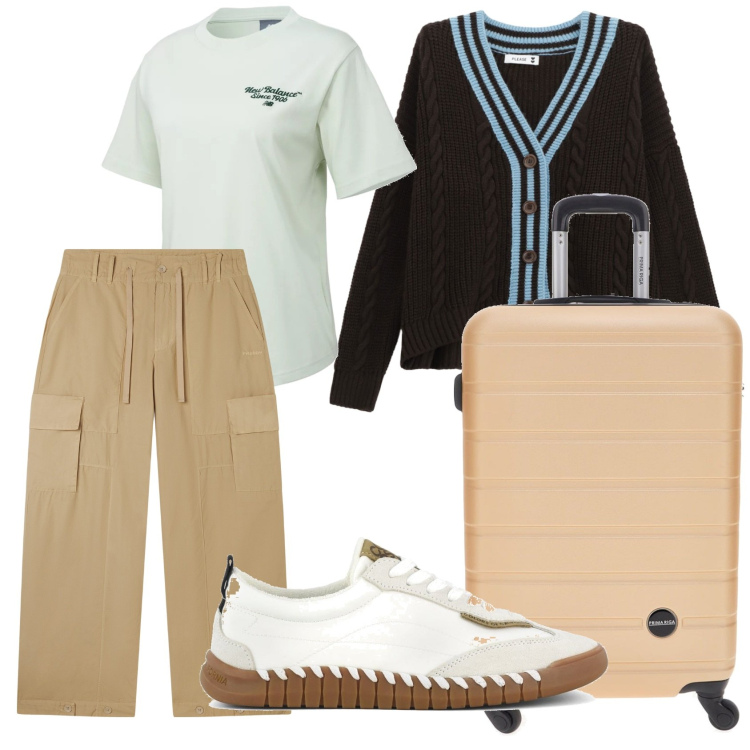 Outfit donna - Prepararsi all\'autunno. Stile Casual per Tutti i giorni. Abbinamento con t-shirt, cardigans, pantaloni cargo, sneakers, valigie.