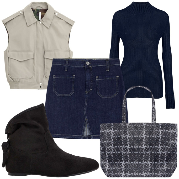 Outfit donna - Total look #2242803. Stile Basic per Tutti i giorni. Abbinamento con stivaletti, minigonne, gilet, shopping bag, maglieria.
