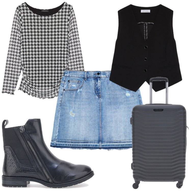 Outfit donna - Total look #2242809. Stile Trendy per Tutti i giorni. Abbinamento con stivaletti chelsea, valigie, gilet, minigonne, bluse.