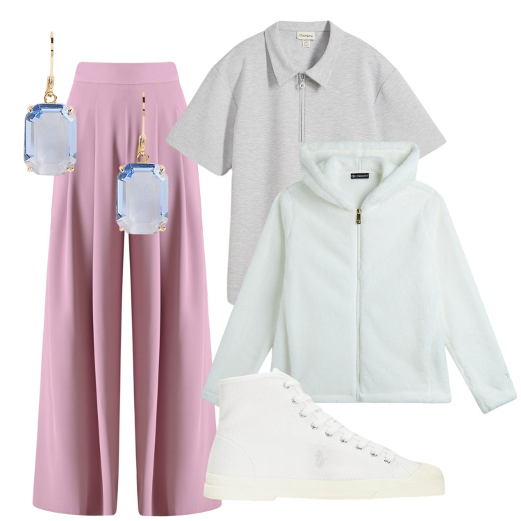 Outfit donna - Pronte x il freddo. Stile Casual chic per Scuola/Università. Abbinamento con polo, pantaloni a palazzo, felpe con cappuccio, sneakers alte, orecchini.