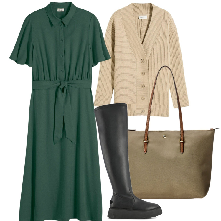 Outfit donna - Autunno caldo. Stile Bon Ton per Tutti i giorni. Abbinamento con vestiti chemisier, cardigans, borse tote, stivali sopra il ginocchio.