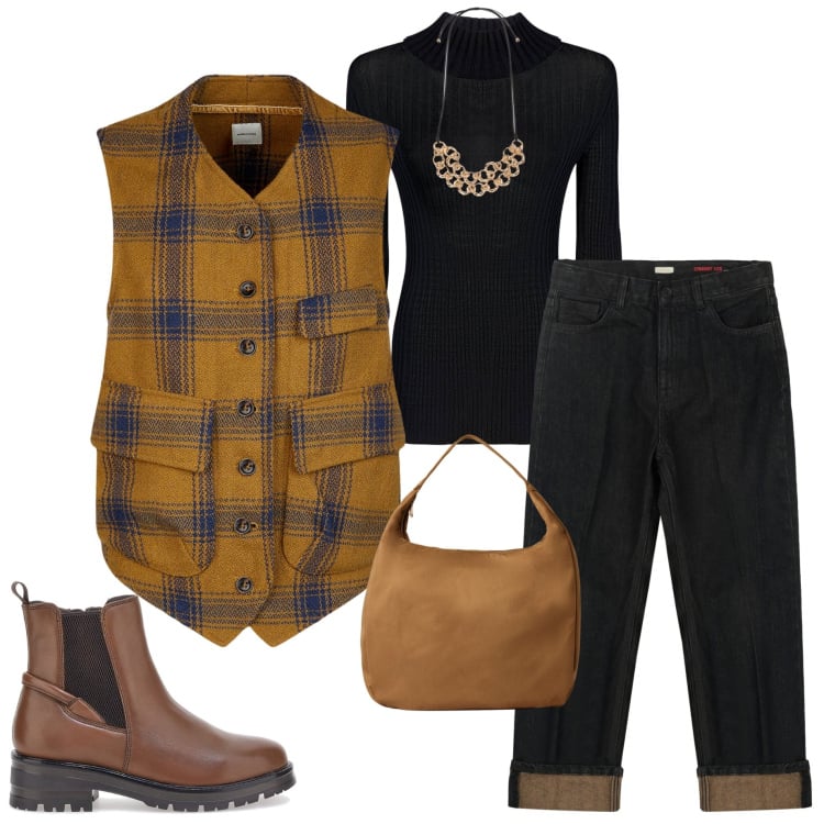 Outfit donna - Autunno settembrino. Stile Casual per Tutti i giorni. Abbinamento con borse a mano, jeans dritti, gilet, maglieria, stivaletti chelsea, collane.